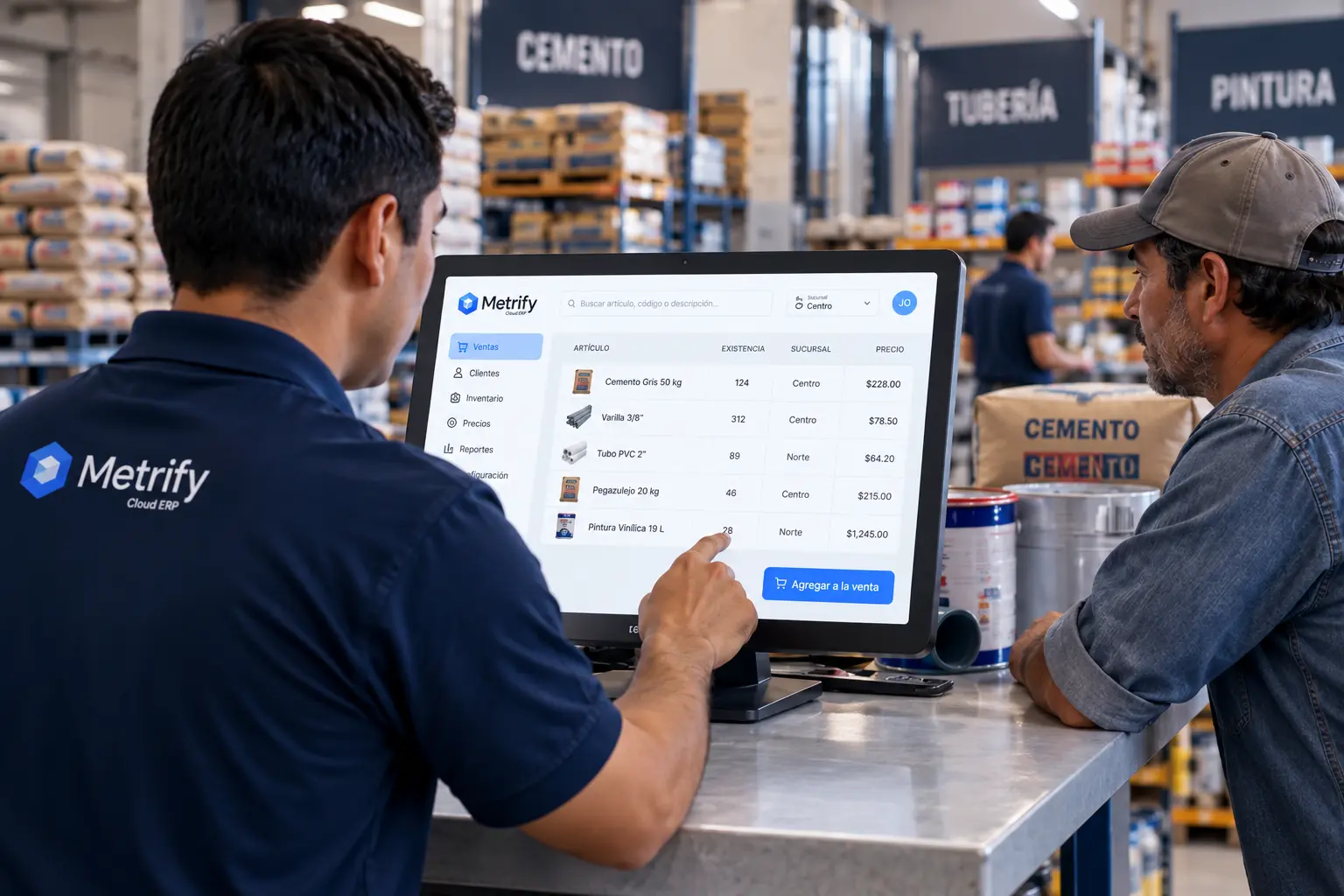 Construction-material sale handled with Metrify inside a distributor