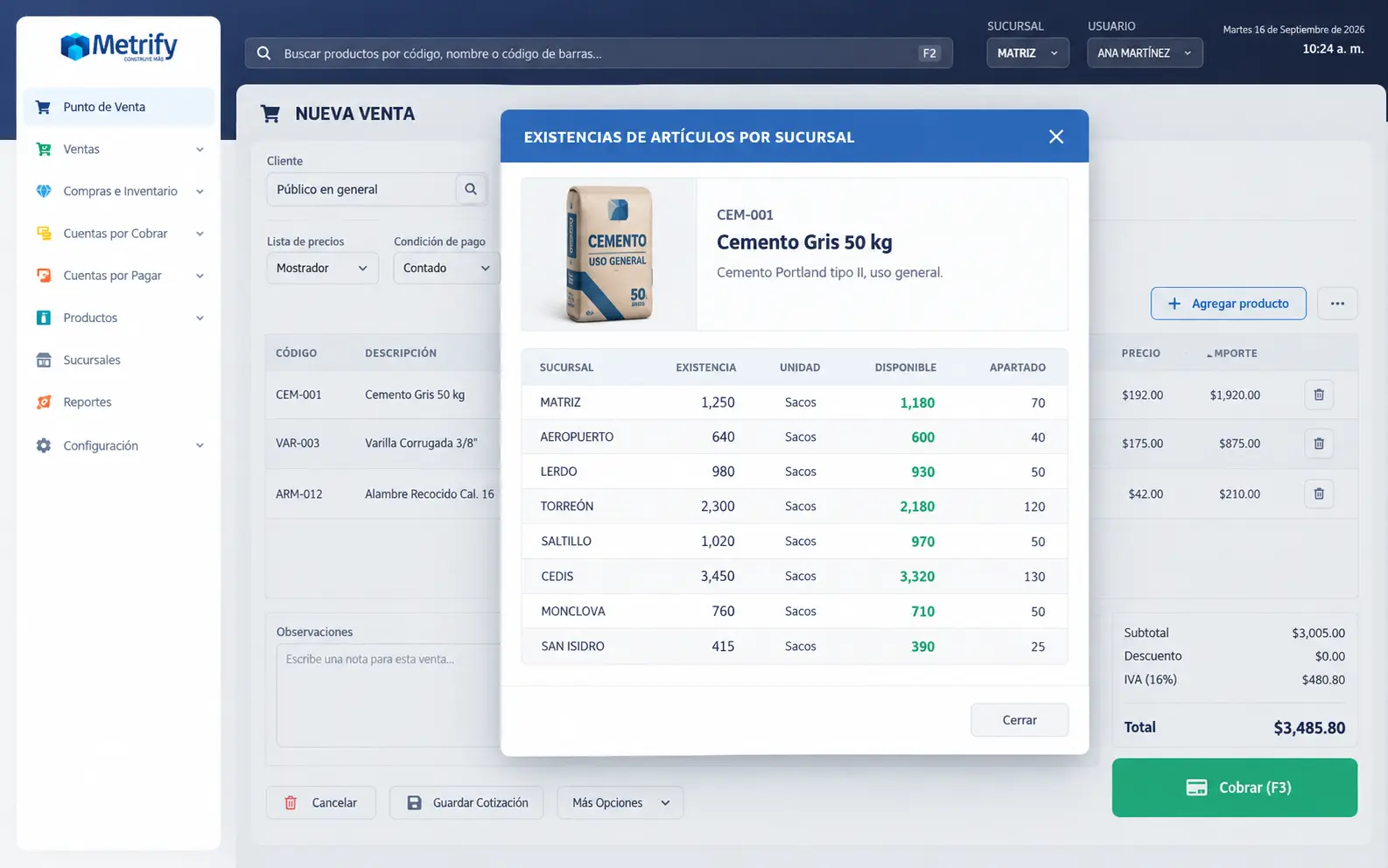 Branch stock availability directly from the Metrify point of sale